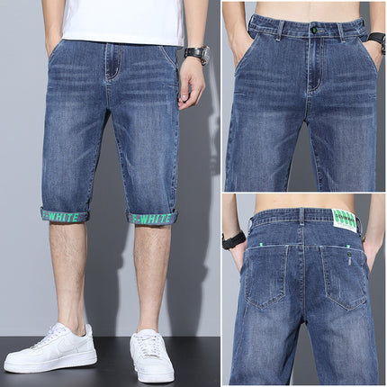 Men's Loose Straight Denim Shorts Summer Thin Cropped Pants Korean Style Trendy Slim Fit Stretch Casual 7-Point Pants