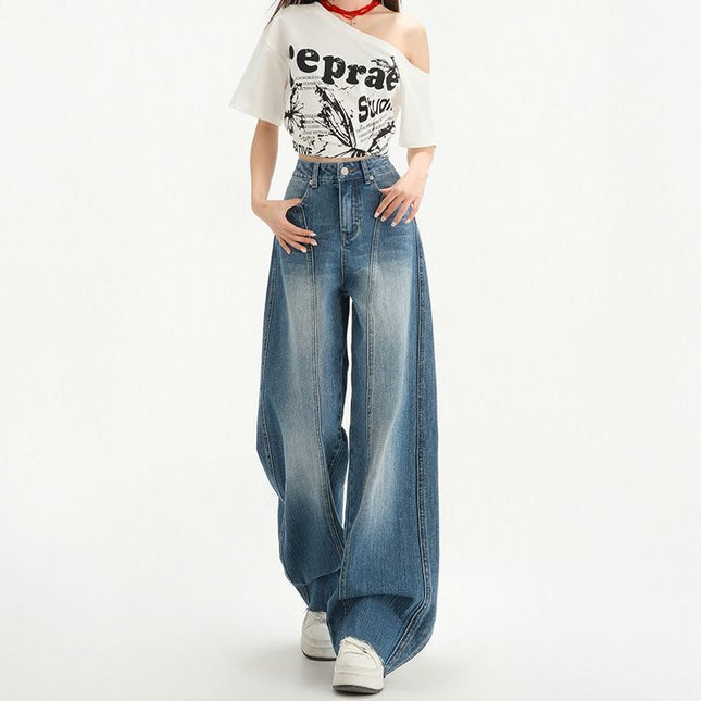 Vintage Niche Pear-Shaped Body Curved Knife Plus-Size Wide-Leg Jeans for Women with High Waist and Long Pants