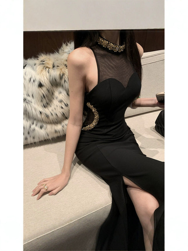 2025 New Socialite dress Cross-border Light Luxury Long Dress Heavy Industry Nail Drill Slim Fit Hip Party Dress