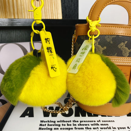 Wholesale real rex rabbit fur small lemon mobile phone pendant lemon heart car keychain plush schoolbag bag pendant gift