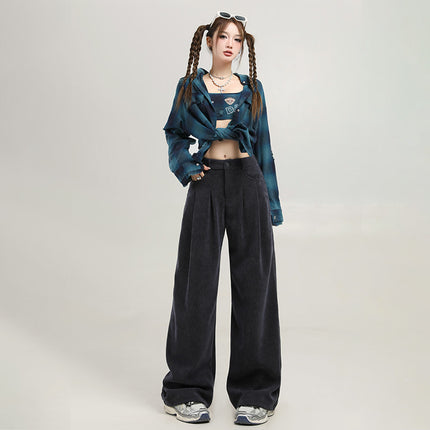 4 Color Corduroy Pleated Wide Leg Casual Pants Women's 2024 Autumn and Winter New High Waist Loose Slimming Straight Pants
