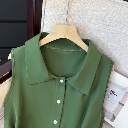 Retro Literary Green Shirt Sleeveless Dress Women's Simple Casual Summer Comfortable and Relaxed Atmosphere Long Skirt