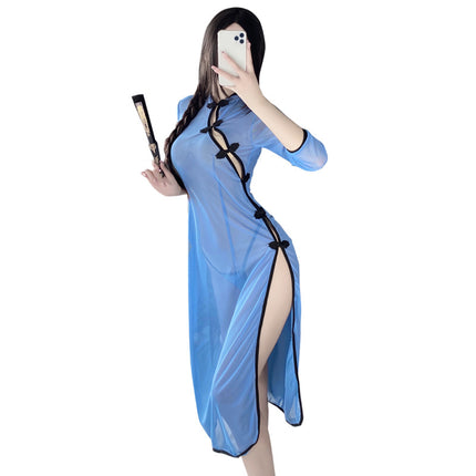 Sexy Perspective Side Fork Long Dress Uniform Republic of China Style Sexy Cheongsam Nightdress Sexy Underwear 2100