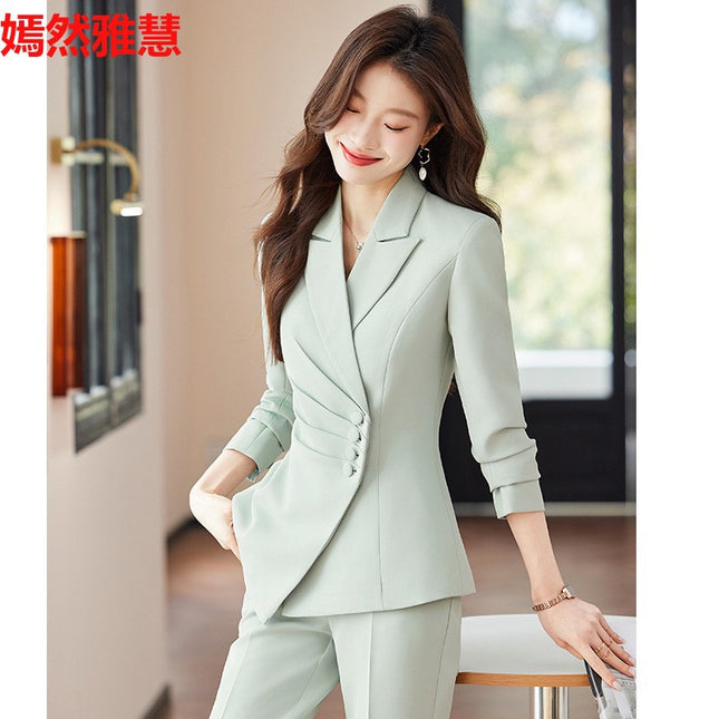 2025 Spring European and American Foreign Trade Green Slim Fit Small Suit Set Front Desk White Collar Workwear Wide-Leg Pants Suit Set