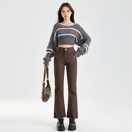 Light Blue Denim Flared Jeans for Women, 2025 Autumn New High-Waisted Slimming Design with Frayed Edges