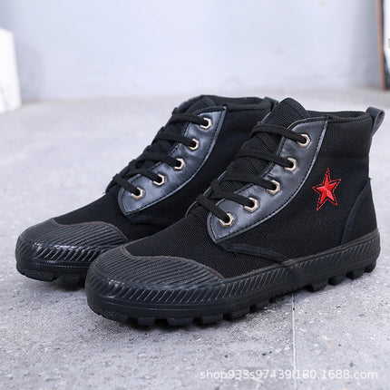 Military-Style Red Five-Star High-Top Liberation Shoes with Rubber Soles, Training Shoes with Linen Midsoles for Summer, Comfortable and Versatile