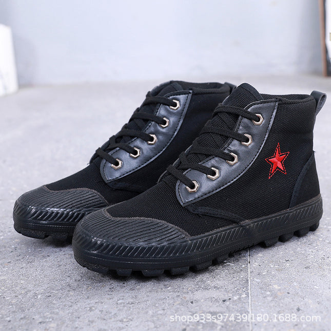 Military-Style Red Five-Star High-Top Liberation Shoes with Rubber Soles, Training Shoes with Linen Midsoles for Summer, Comfortable and Versatile