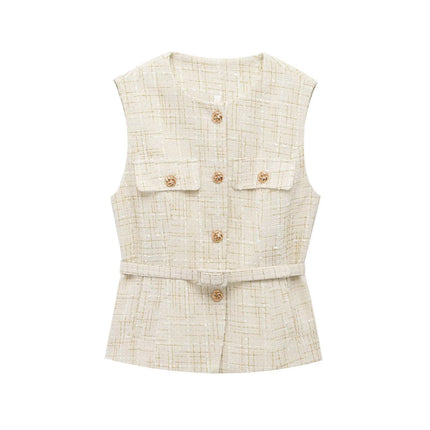European and American 2024 New Autum Women's Retro Sleeveless Slim Fit with Belt Sequin Textured Vest 9298725