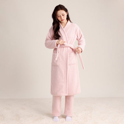 Autumn and Winter Thickened Couple's Robe, Faux Half-Velvet, Diagonal V-Neck, Simple and Elegant, Light Luxury, Warm Bathrobe, Long Style for Men and Women