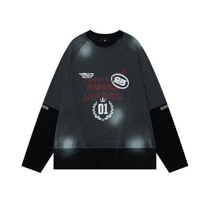 # OVDY 260g blockbuster new spray-painted fake two-piece jacket neckline shoulder stitching burr long sleeve T-shirt national tide