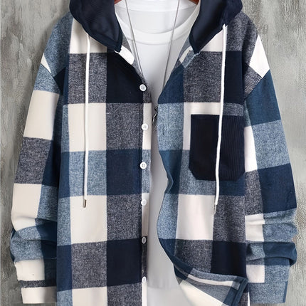 2023 Autumn/Winter Wish Amazon Men's Hooded Shirt Plaid Pocket Long Sleeve Thickened Shirt Cold-Resistant Thickened