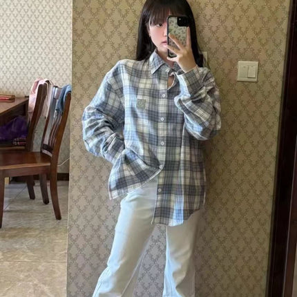 Korean Style Plaid Retro Long-sleeved Shirt Women's Spring and Autumn New Scrub Sunscreen Shirt Lazy Style French Top Coat