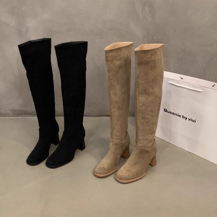 Women's Autumn Boots with Wide Calf Circumference, Square Toe, Long Slim Boots, Retro Style, Pleated Chunky Heel, High Tube Long Boots