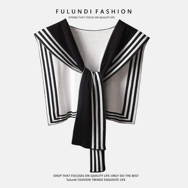 Korean Style Navy Style Internet Celebrant Shawl Women's Black and White Striped Outer Shirt Spring and Autumn Knitted False Collar Air-conditioned Room Shoulder