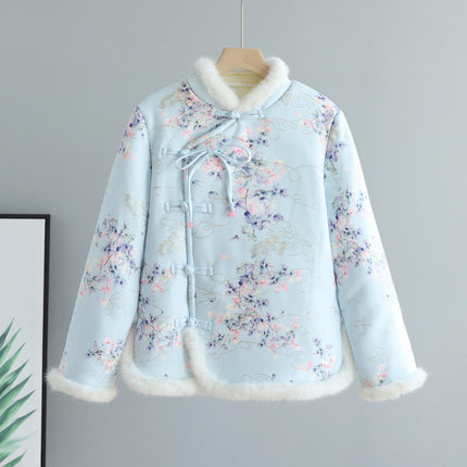Internet-famous Northeast Big Flower Cotton-padded Jacket Women's Winter New Ethnic Style fleece-lined Thickened Floral Floral Cotton-padded Coat Coat