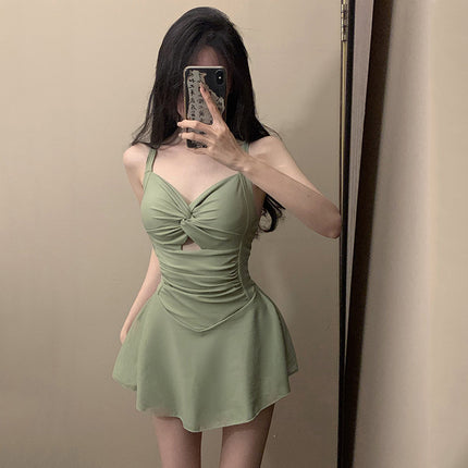One-Piece Swimsuit, Feminine Hot Spring Bathing Suit, Slimming Look, Belly-Covering, High-End Conservative Small-Breasted Push-Up Halter Swimsuit