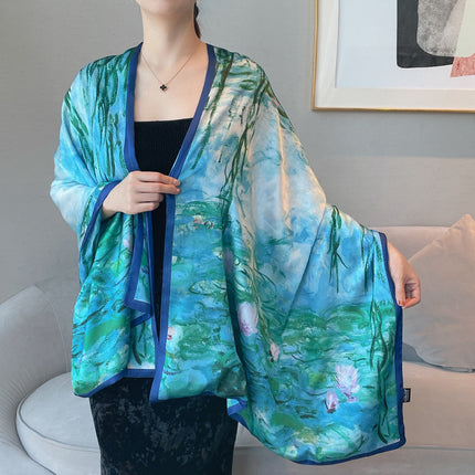 Van Gogh Monet oil painting double-sided double-layer silk scarf women's long 180x70 new silk satin popular fashion scarf shawl New