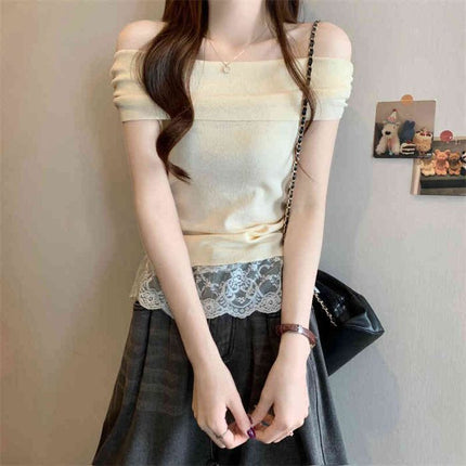 Green off-shoulder short-sleeved top women's dopamine in early summer is beautiful and beautiful and pure waist T-shirt