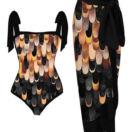 2023 Amazon New One-piece Swimsuit Multicolor Printed Hip Gauze Skirt Anti-glare Two-piece Sunscreen Swimsuit for Women