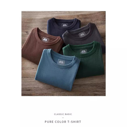 300g heavy brushed summer new washed cotton T-shirt short sleeve fashion trendy men's loose solid color men's bottoming shirt