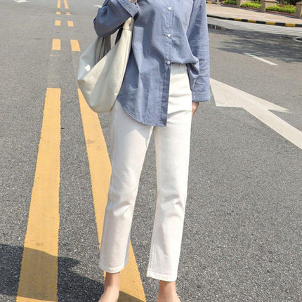 Korean Style High-Waisted Straight Jeans for Women in Spring and Summer New Trendy Brand Loose White Versatile Slimming Look Cigarette Pipe Nine-Point Pants