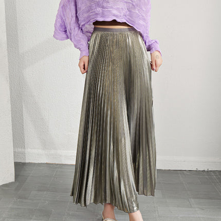 Original Design New Style Stylish Stretch Waist Pleated Skirt Metal Wire Summer Draping Smart A- line Skirt for Women