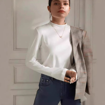 Solid Color Bottoming Shirt with Long Sleeves Inside the Body, Suit Bottoming Shirt for Women, Spring & Fall Slim Long-Sleeved T-Shirt Bottoming