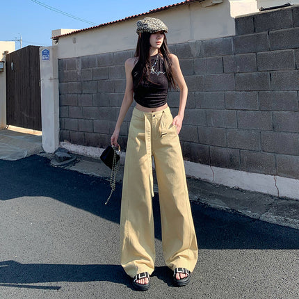 Vintage Belt Wide Leg Jeans Women's 2025 Summer New Style Straight Loose High Waist Dosing Slim-fit Mop Pants
