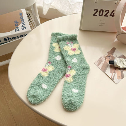 Autumn and Winter Coral Fleece Socks Women's Hair-free Flower Butterfly Floor Socks Thickened Warm Home Sleep Socks