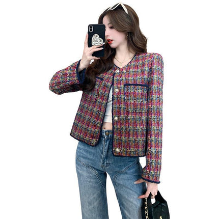 2026 Real Shot Wine Red Contrast Plaid Woven Short Jacket in Chanel Style Elegant Lady's Top