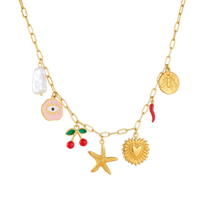 Korean Style Fashionable Sweet Fresh Cute Eyes Pink Oil Dripping Cherry Gold-Plated Heart Round Starfish Clavicle Necklace