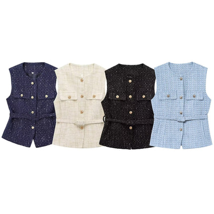 European and American 2024 New Autum Women's Retro Sleeveless Slim Fit with Belt Sequin Textured Vest 9298725