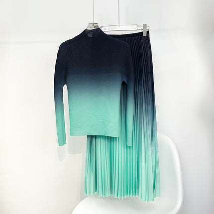 Textured Pleated Bottoming Shirt for Women, Elegant High Collar, Slim Fit, Miyake Non-Balling Gradient Long-Sleeved T-Shirt Top