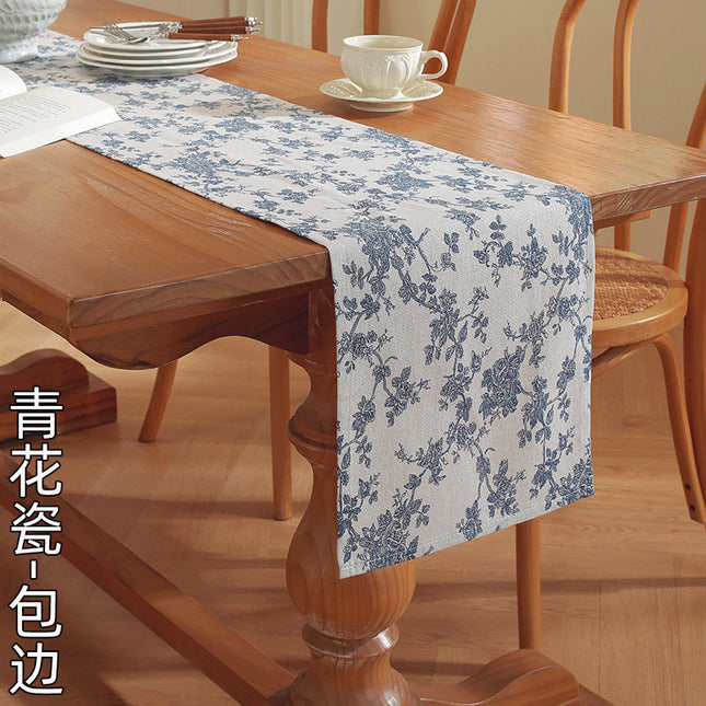 Vintage blue and white porcelain cotton and linen table flag tea flag sideboard cabinet shoe cabinet dustproof cover towel long tablecloth factory cross-border wholesale