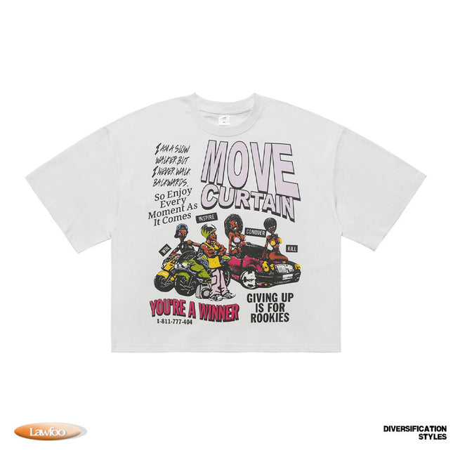 LawFoo Autumn American Vintage Direct Spray Streetcar Printed T-Shirt for Men and Women Couple Loose Round Neck Short Top