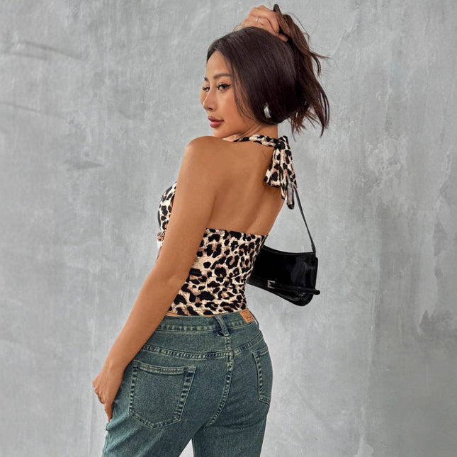 2025 New Sexy Deep V Backless Leopard Print Amazon European and American Retro Elegant Halter Top Fashionable and Elegant
