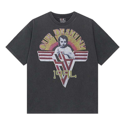 Saint Michael Cho Big Face European and American Retro Washed and Distressed Commemorative Portrait Short-Sleeved T-Shirt Trendy