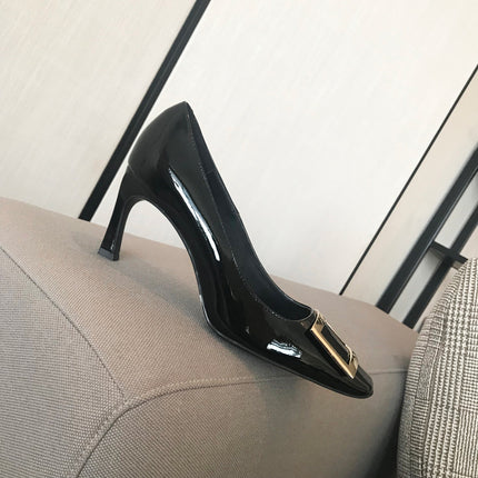 Letter Metal Square Buckle Shallow Mouth Women's Shoes Medium Heel Square Toe Shoes Classic Horseshoe Heel Patent Leather Professional Work Shoes for Women
