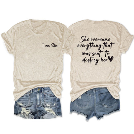 Amazon double-sided printed summer round neck short sleeve she overcame everthing loose all-match T-shirt