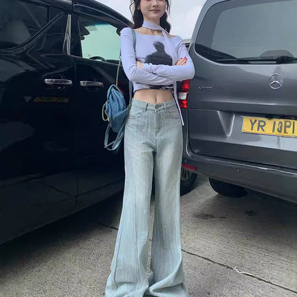 Light Jacquard Pants with Rear Pocket for 2024 Autumn High Waist Retro Flip Design Horn Denim Pants Niche