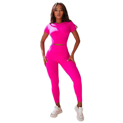 Amazon Sports New Solid Color Sports Yoga suit Summer Pink Yoga Clothes suit Short-Sleeved Tight Two-Piece Set
