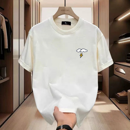 2025 Summer Round Neck Short-Sleeved T-Shirt for Men with Cloud Lightning Embroider Simple Japanese Style Fresh Trendy T-Shirt for Men
