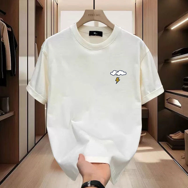 2025 Summer Round Neck Short-Sleeved T-Shirt for Men with Cloud Lightning Embroider Simple Japanese Style Fresh Trendy T-Shirt for Men