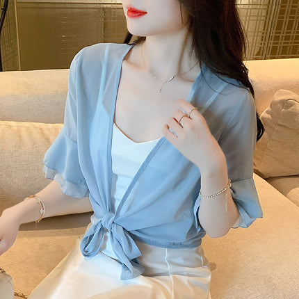 2025 Summer Thin Small Shawl Short Jacket Women's Sun Protection Clothing Easiest for Match Short Small Waistoutwear Chiffon Cardigan Air Conditioning Shirt