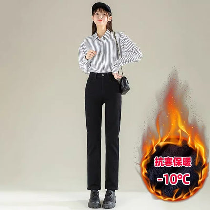 fleece-lined Thickened High Waist Straight Jeans Women's Autumn and Winter Fashion All-match New Slim Look Small fleece-lined Pipe Pants