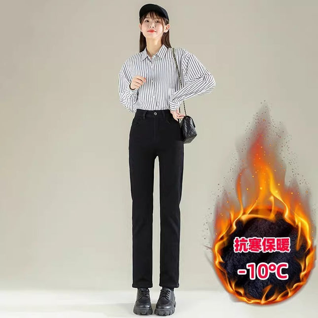 fleece-lined Thickened High Waist Straight Jeans Women's Autumn and Winter Fashion All-match New Slim Look Small fleece-lined Pipe Pants