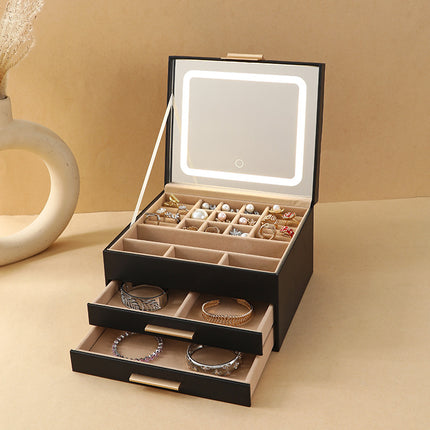 Cross-border PU three-layer cosmetic mirror with LED light high-end jewelry box earring ring necklace bracelet princess jewelry box