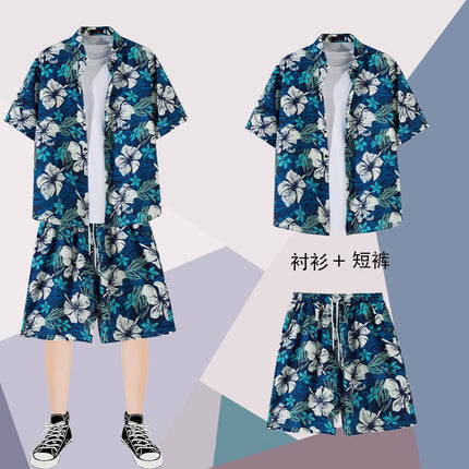Summer thin short-sleeved floral shirt men's Hong Kong style retro Ruan Shuai Hawaiian seaside couple short-sleeved shorts two-piece set