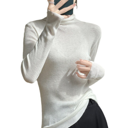High collar autumn and winter Korean women's pile collar long sleeve knitted wool sweater women's inner pullover slim base shirt