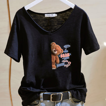 V-neck T-shirt Women's Cotton 2025 White Cartoon Short-sleeved regular Loose Printed Commuting Solid Color Base Shirt Trendy
